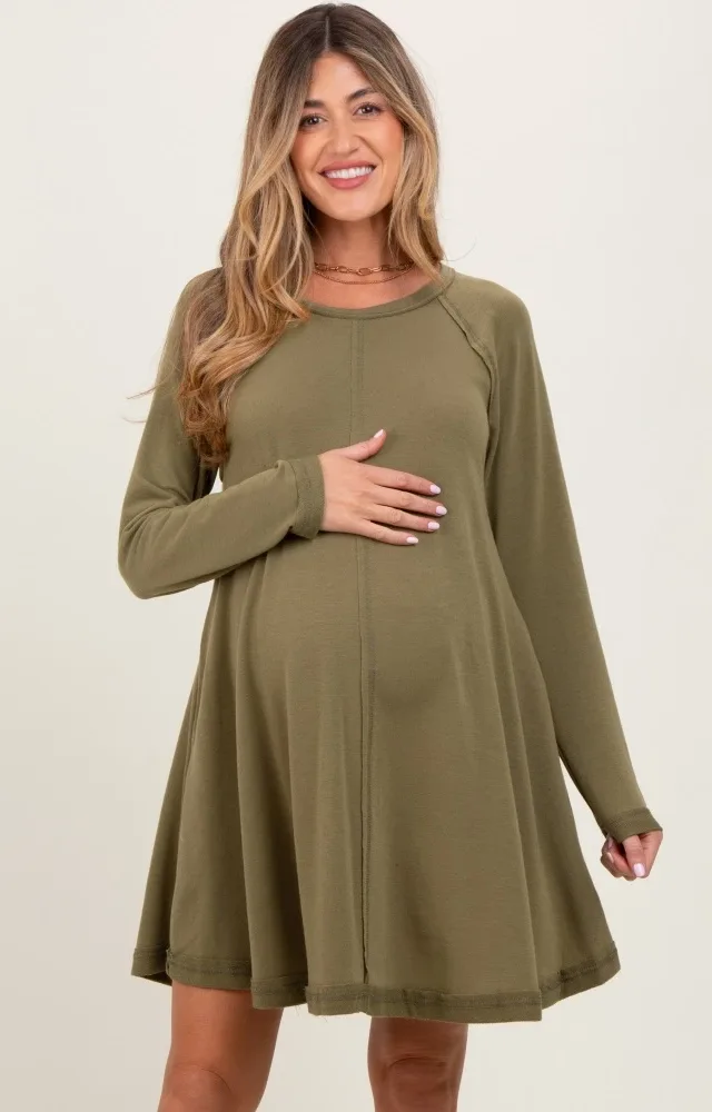 Olive Crew Neck Flared Fit Long Sleeve Maternity Mini Dress