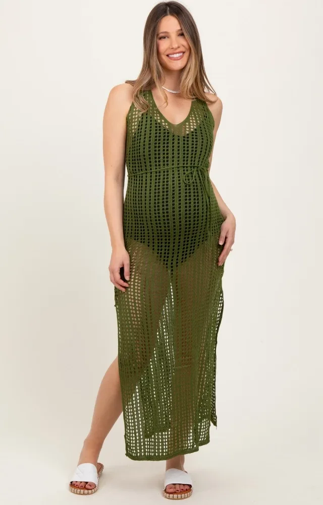 Olive Crochet V-Neck Side Slit Maternity Cover Up