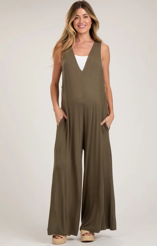 Olive Deep V Sleeveless Wide Leg Maternity Jumpsuit