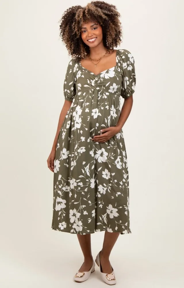 Olive Floral Sweetheart Neckline Maternity Midi Dress