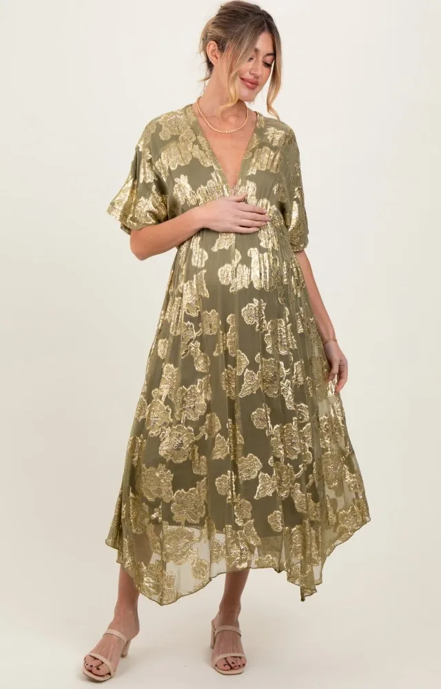 Olive Metallic Floral Jacquard Overlay Maternity Maxi Dress