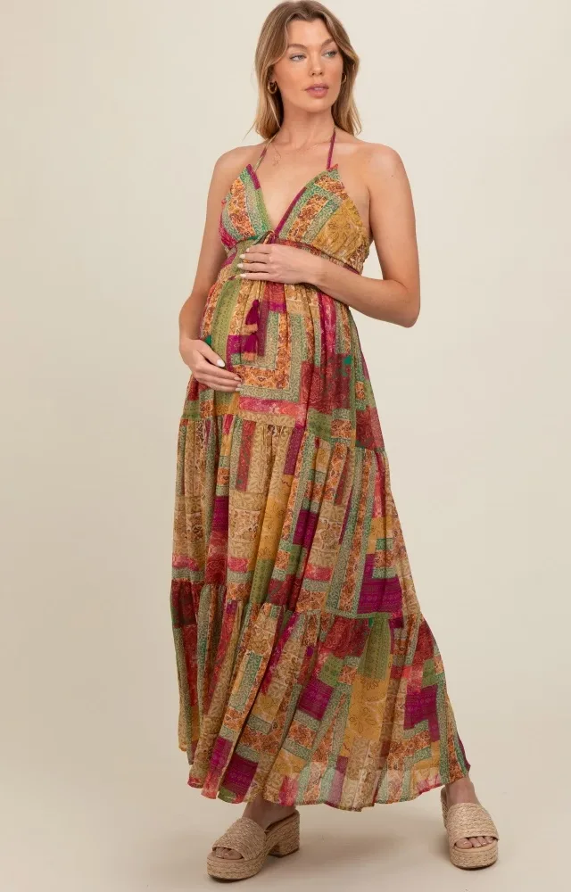 Olive Patchwork Print Halter Maternity Maxi Dress