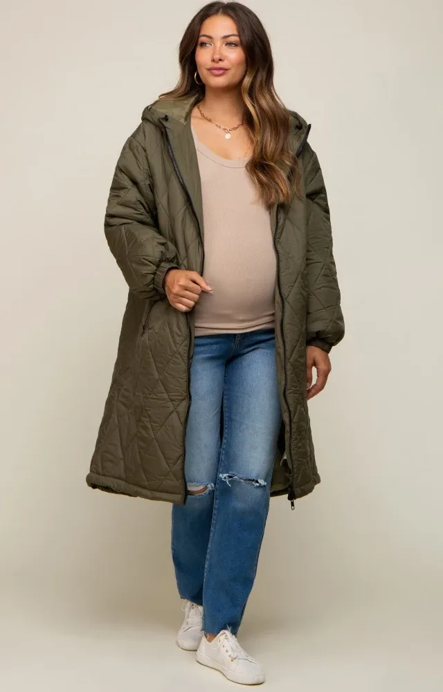 Olive Quilted Long Maternity Puffer Jacket