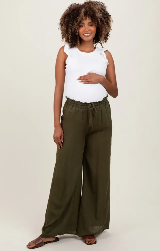 Olive Ruffled Drawstring Waist Wide Leg Maternity Pants