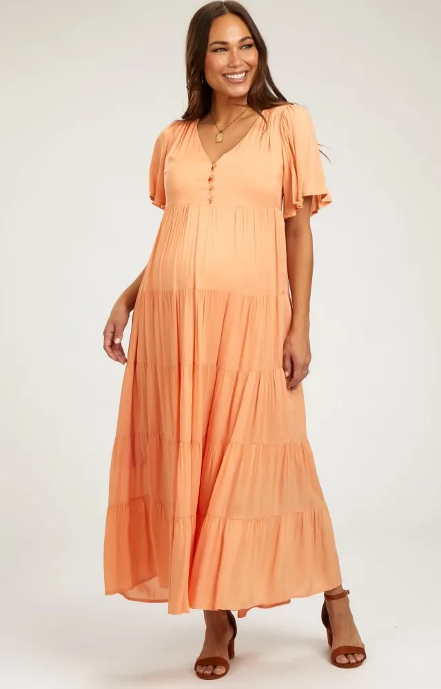 Orange Button Detail Tiered Maternity Maxi Dress