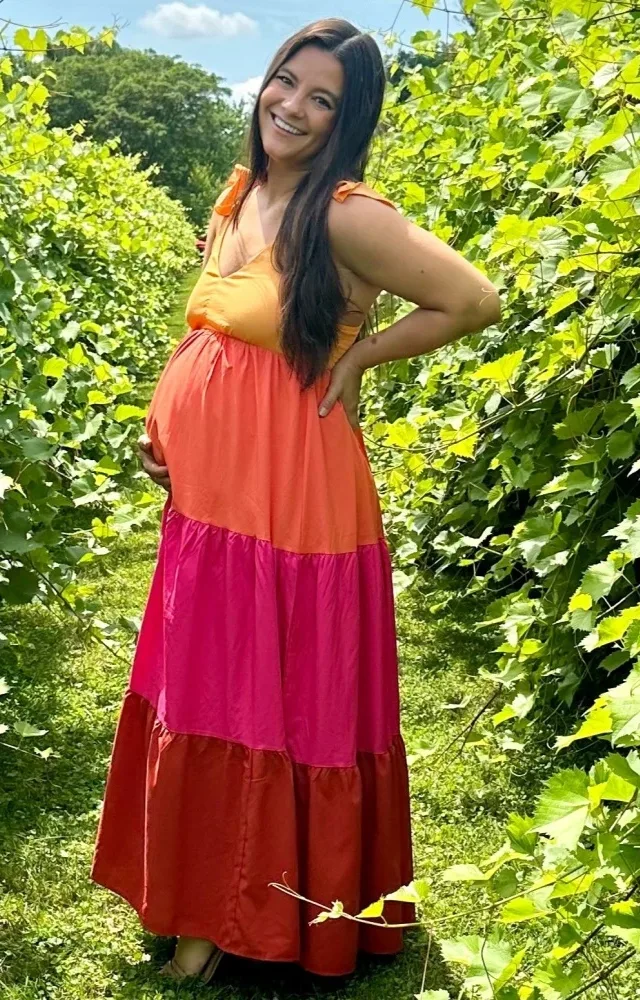 Orange Colorblock Tiered Maternity Maxi Dress