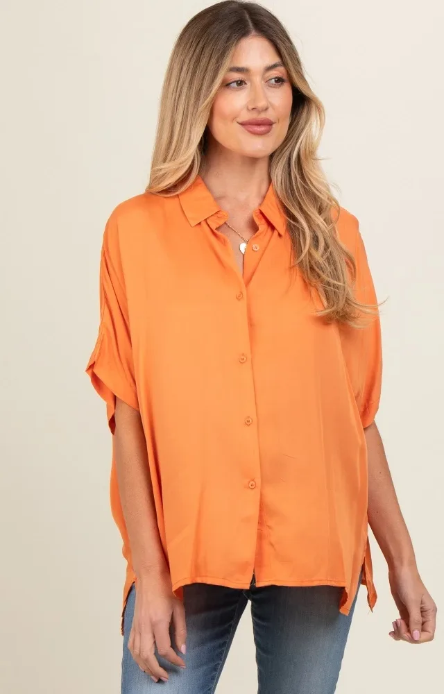 Orange Dolman Sleeve Button Down Maternity Blouse