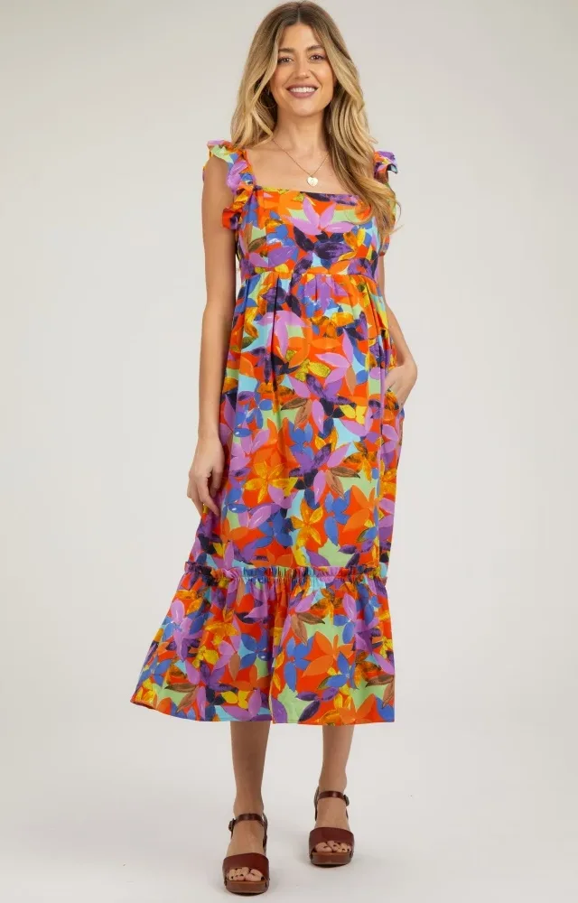 Orange Floral Satin Square Neck Ruffle Strap Maternity Midi Dress