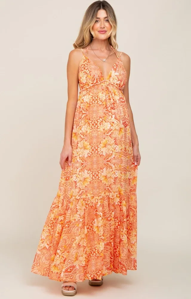 Orange Printed Halter Maternity Dress