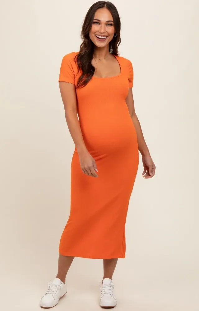 Orange Ribbed Fitted Maternity Midi Dress