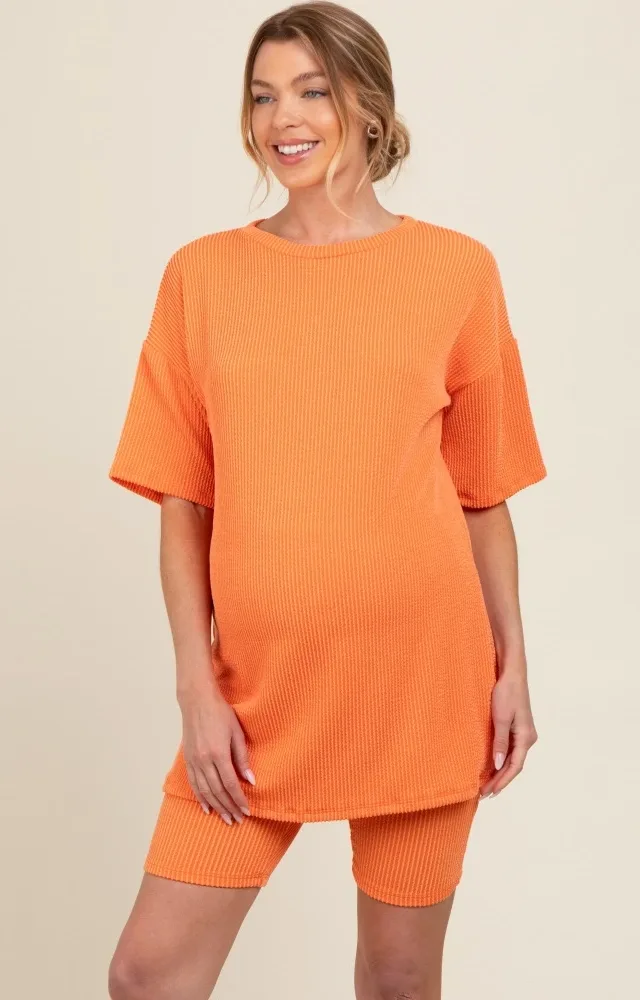 Orange Ribbed Maternity Biker Shorts Set