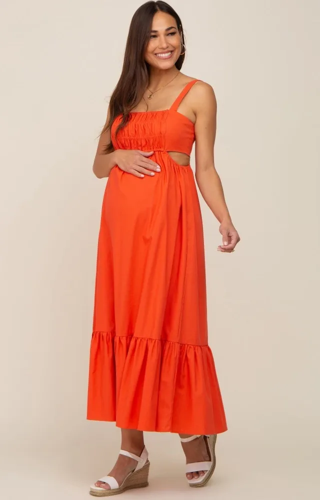 Orange Sleeveless Cutout Ruffle Hem Maternity Maxi Dress