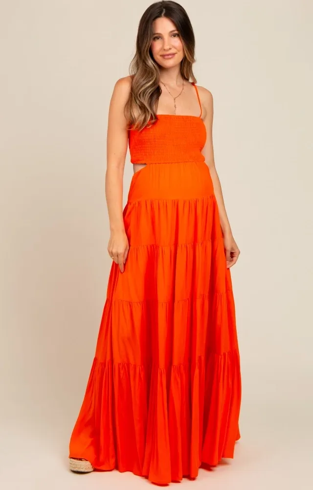 Orange Smocked Cutout Maternity Maxi Dress