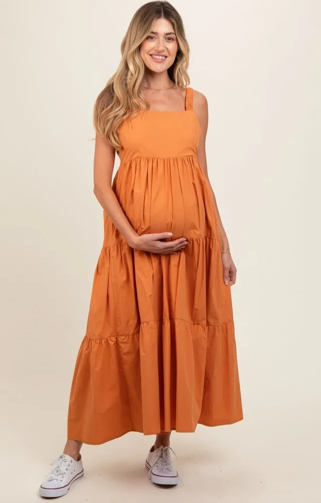 Orange Square Neck Cut Out Back Tiered Maternity Maxi Dress