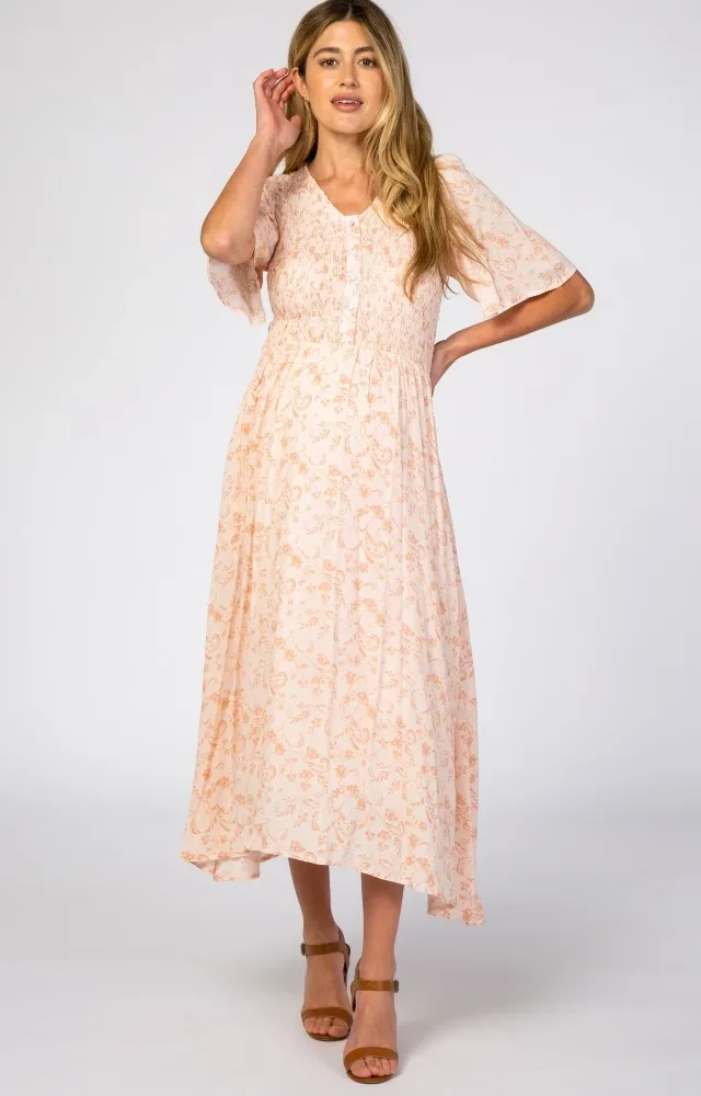 Peach Floral Button Front Smocked Maternity Midi Dress