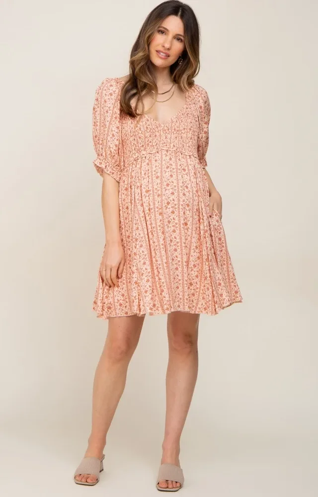 Peach Floral Puff Sleeve Smocked Maternity Mini Dress