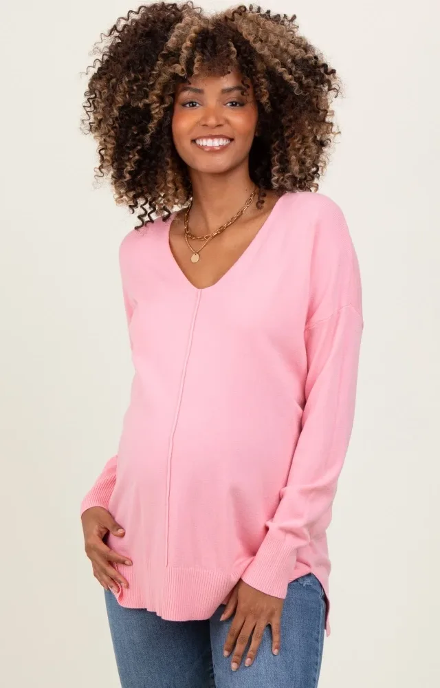 Peach Front Seam V-Neck Side Slit Maternity Sweater