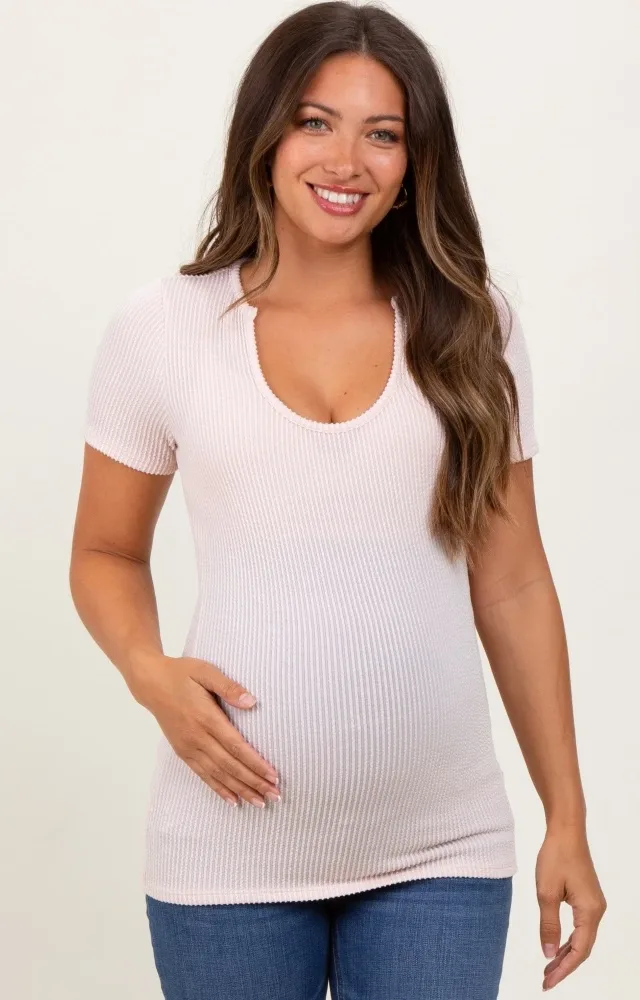 Peach Solid Ribbed Short Sleeve Round Neck Basic Maternity Top