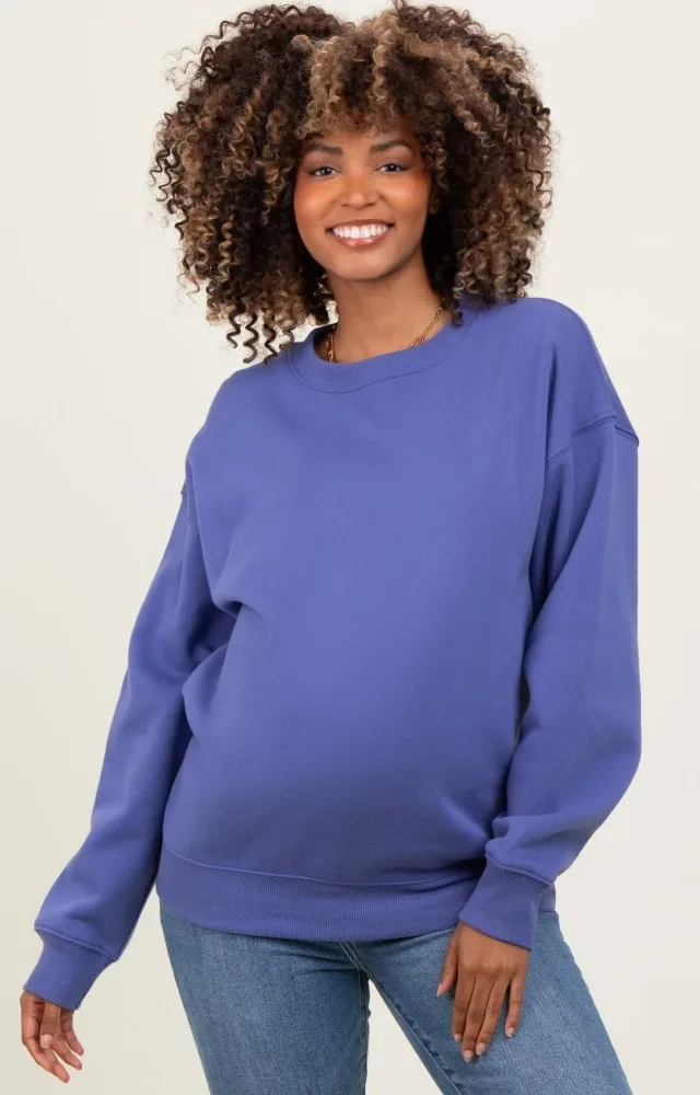 Periwinkle Basic Fleece Crewneck Maternity Sweatshirt