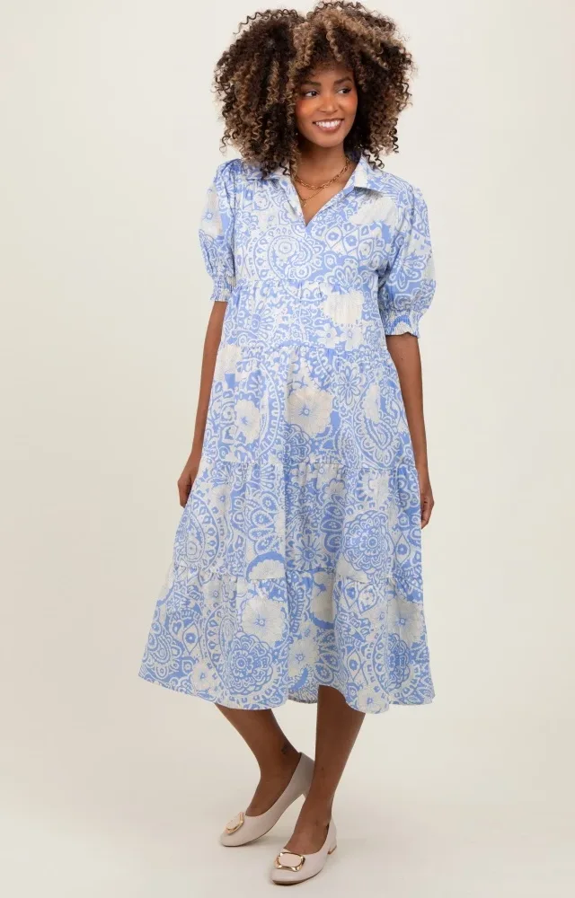 Periwinkle Floral Collared Tiered Maternity Midi Dress