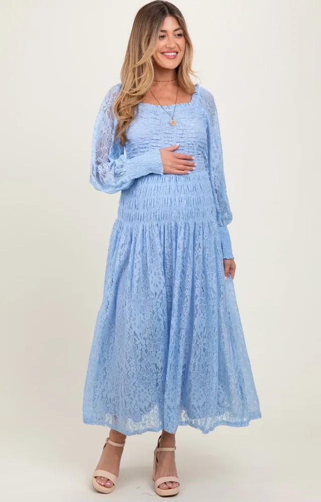 Periwinkle Lace Smocked Bubble Sleeve Maternity Maxi Dress