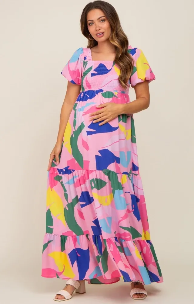 Pink Abstract Print Puff Sleeve Maternity Maxi Dress