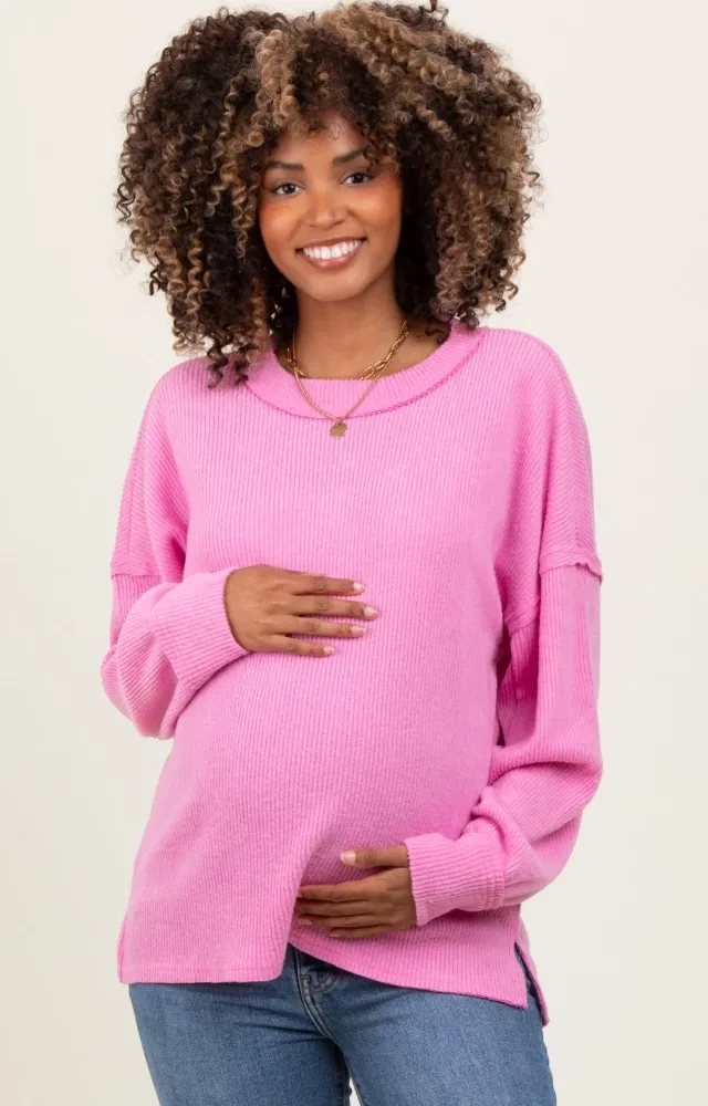 Pink Brushed Ribbed Knit Maternity Pullover