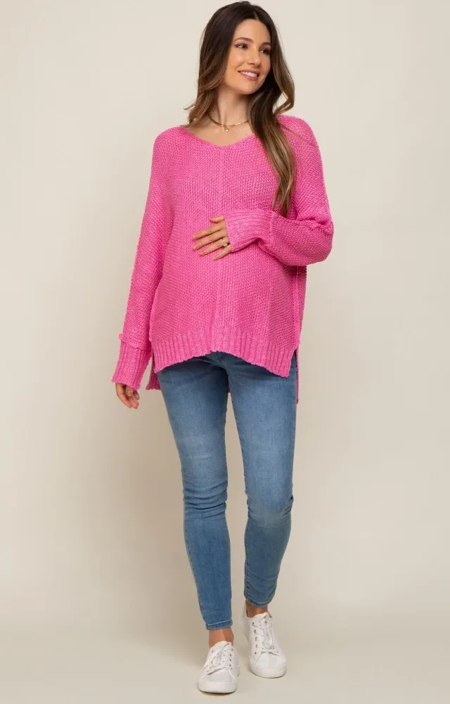 Pink Chunky Knit Side Slit Maternity Sweater