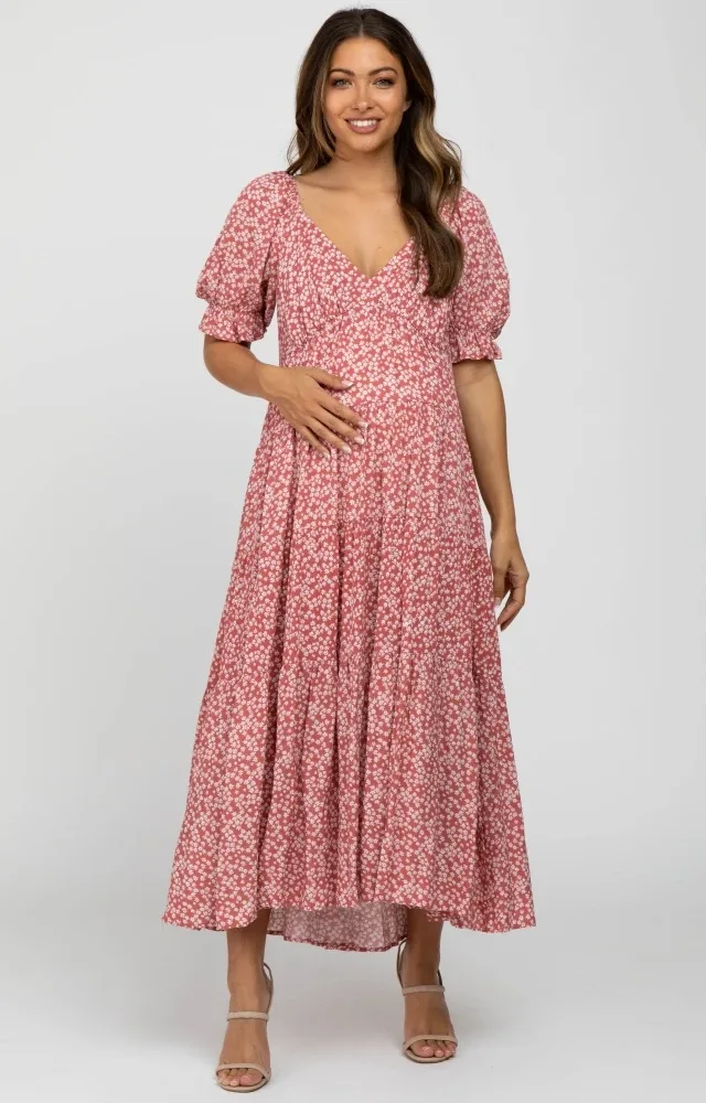 Pink Floral Floral V-Neck Ruffle Sleeve Maternity Midi Dress