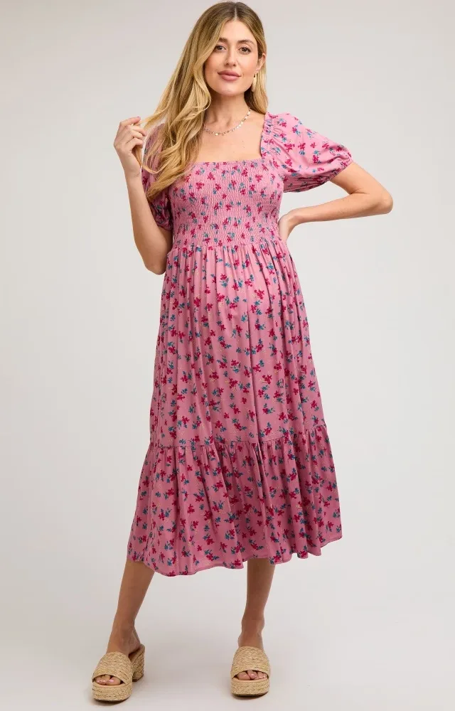 Pink Floral Smocked Short Sleeve Maternity Midi Dress