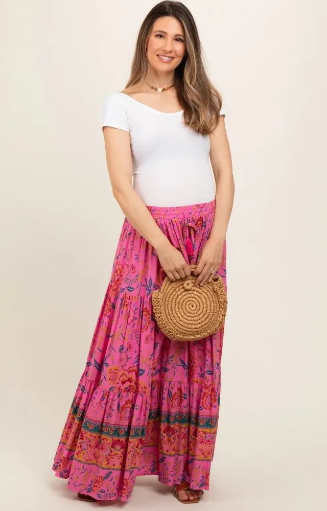 Pink Floral Tiered Maternity Maxi Skirt