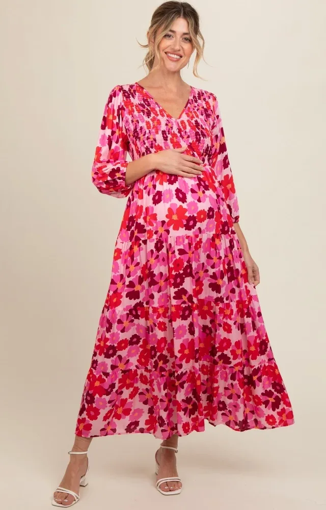 Pink Floral Wrap Front Smocked V-Neck Tiered Maternity Midi Dress