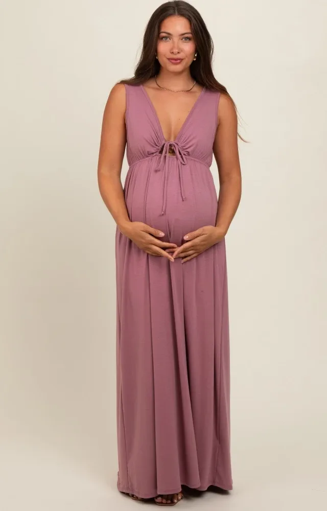 Pink Front Tie Cutout Sleeveless Maternity Maxi Dress