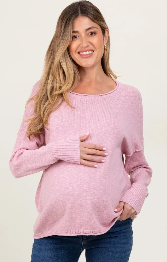 Pink Heather Unfinished Hem Maternity Sweater