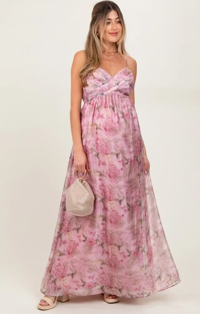 Pink Multi Floral Print Sleeveless Maternity Maxi Dress