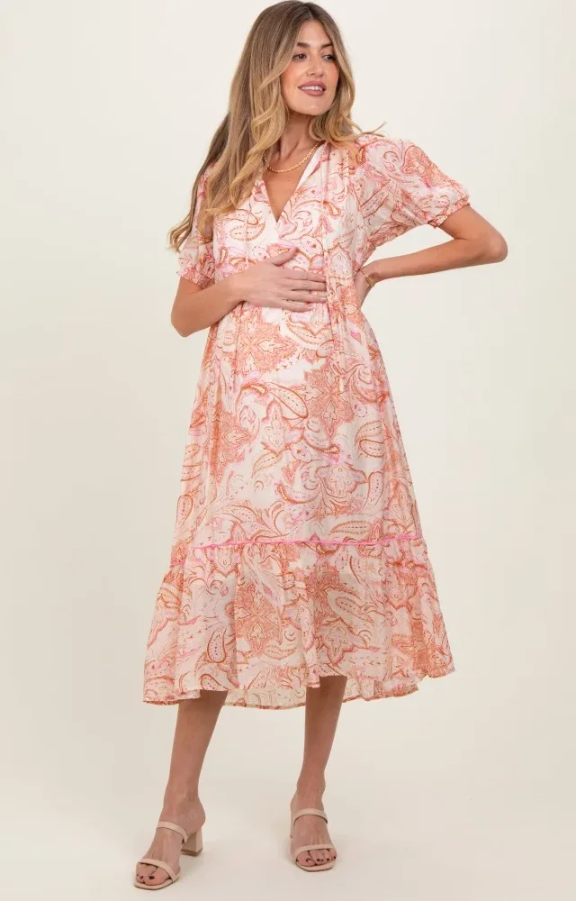 Pink Paisley Front Tie Ruffle Trim Maternity Midi Dress