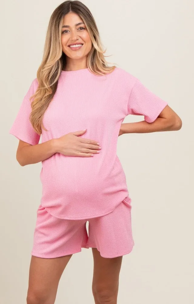 Pink Ribbed Short Sleeve Maternity Pajama Set