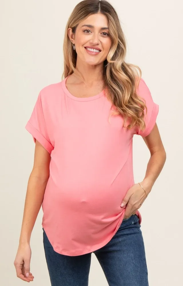 Pink Rolled Cuff Maternity Short Sleeve Top