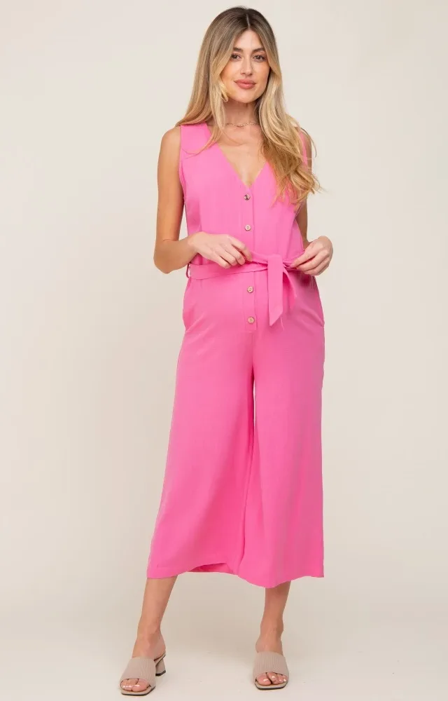 Pink Sleeveless Button Front Maternity Cropped Jumpsuit