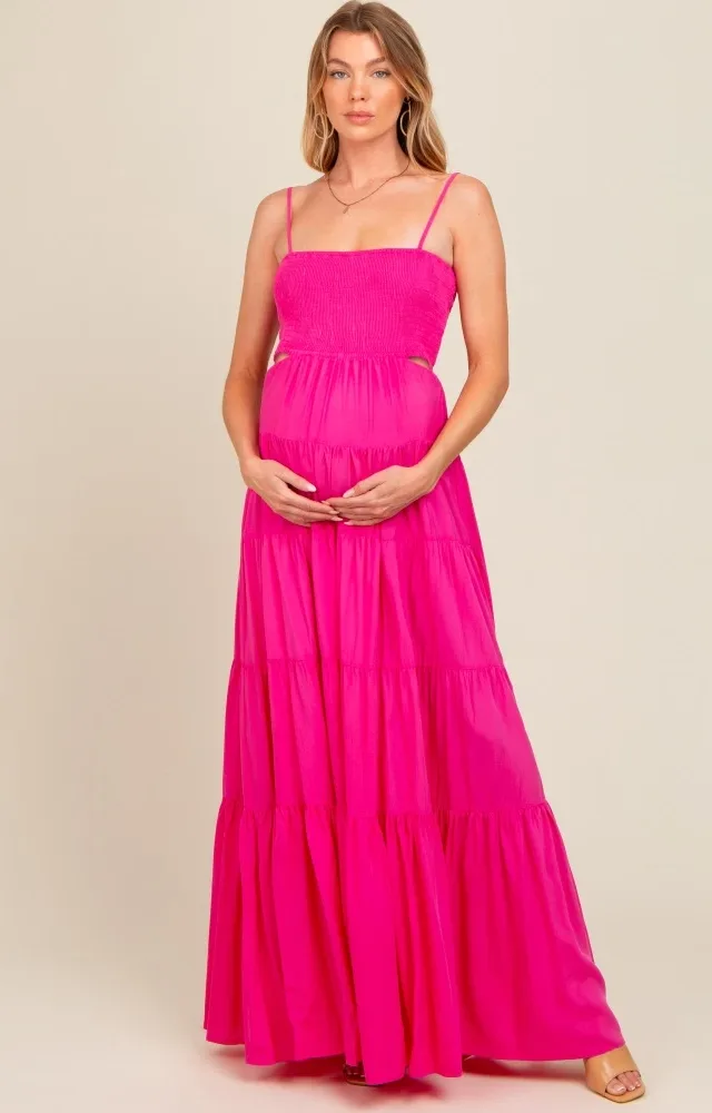 Pink Smocked Cutout Maternity Maxi Dress