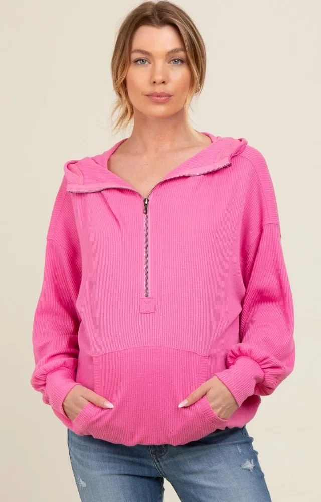 Pink Waffle Knit Half Zip Relaxed Fit Maternity Hoodie