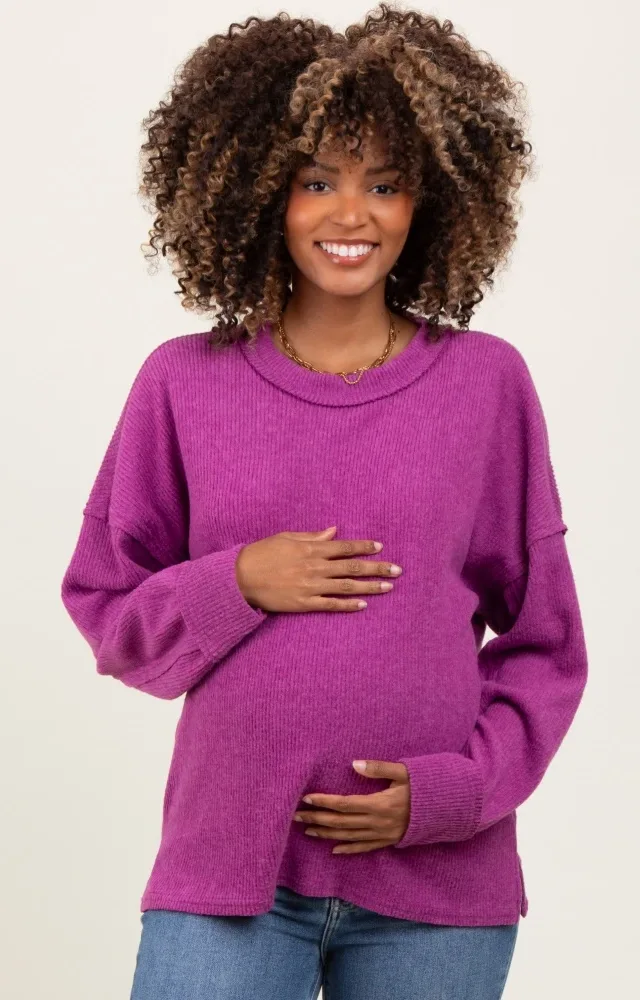 Plum Brushed Ribbed Knit Maternity Pullover