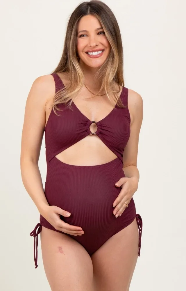 Plum Ribbed O-Ring Cutout Tie Side Maternity Swimsuit