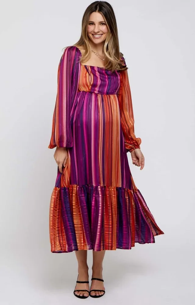 Plum Striped Maternity Midi Dress