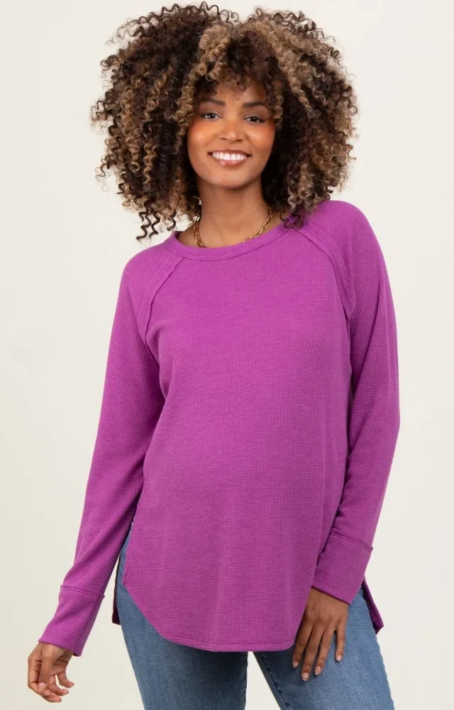 Plum Waffle Knit Side Slit Maternity Long Sleeve Top