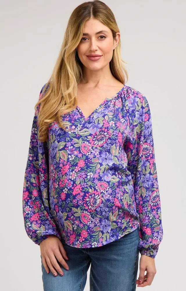 Purple Floral Long Sleeve Maternity Blouse