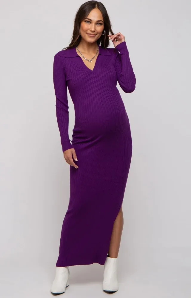 Purple Rib Knit Collared Maternity Maxi Dress