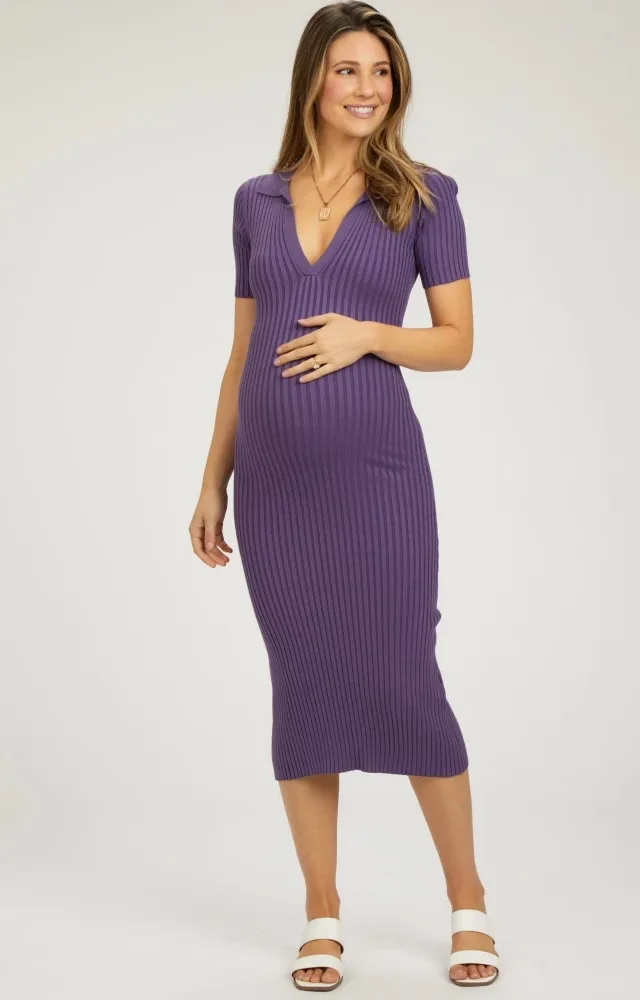 Purple Ribbed Collared V-Neck Maternity Midi Dress