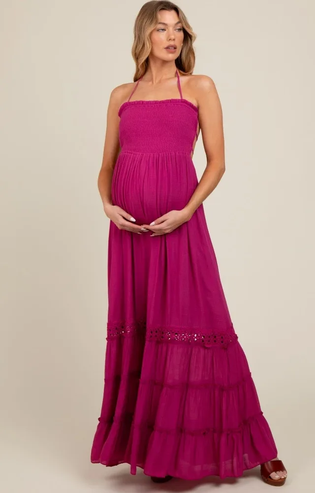 Purple Smocked Open Back Maternity Maxi Dress