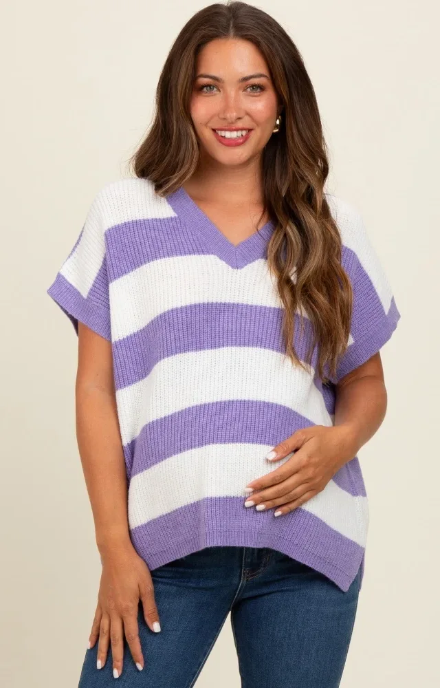 Purple Striped V-Neck Maternity Sweater Top